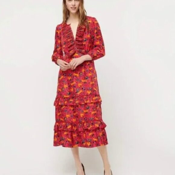 NWT J. Crew Collection Red Silk Tiger Jungle Cat Ruffle Tier Dress 00 - Picture 1 of 4